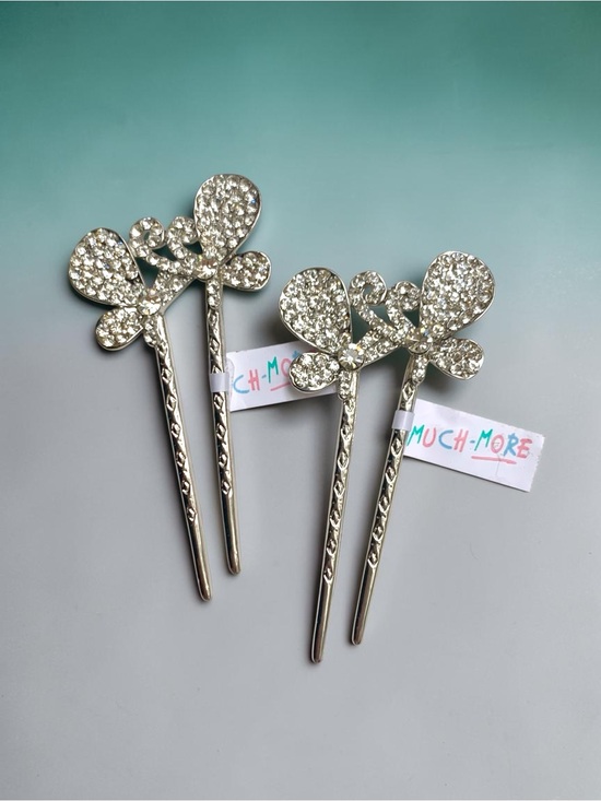 Much More Accessories - Silver-plated crystal butterfly hairpins, hair forks, Juda sticks, by Much More